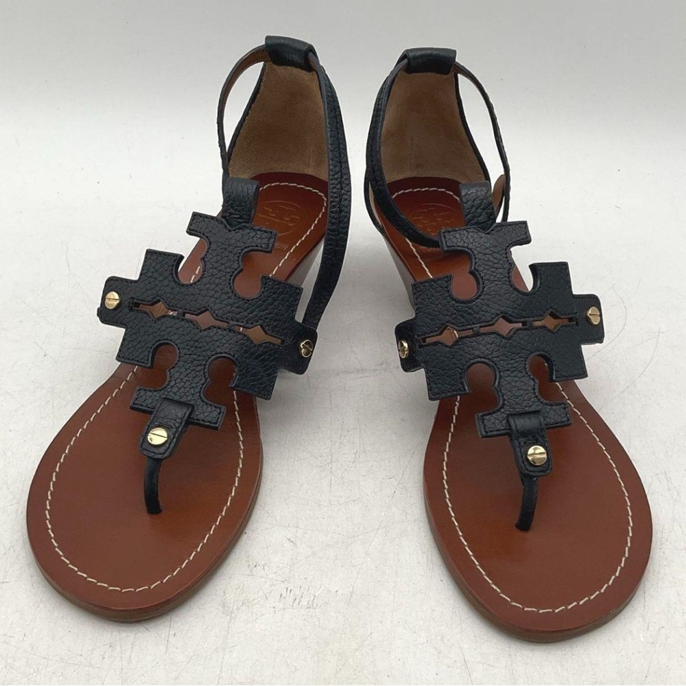 Tory Burch Black Leather Wedge Sandals
